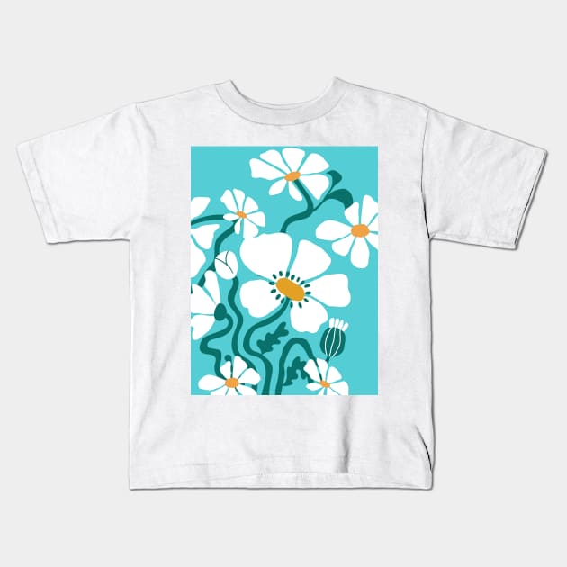 Flores Abstractas en fondo azul Kids T-Shirt by FunPrintCraftTienda